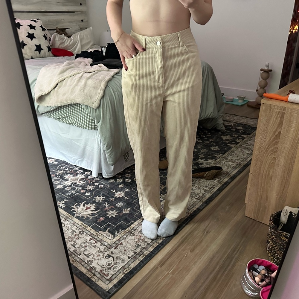 Cream Straight Leg Corduroy Pants